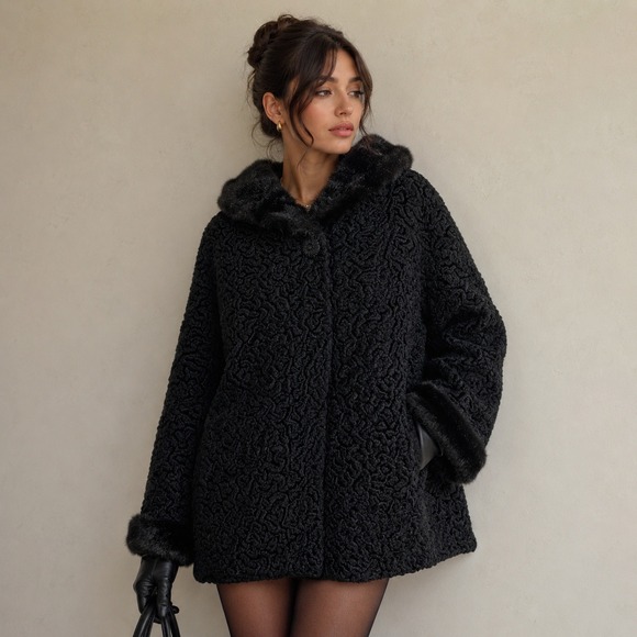 Unbranded Jackets & Blazers - VTG 50s 60s Sz M / L Black Persian Curly Lamb Style Swing Jacket Mink Fur Collar